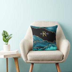 Teal Black Gold Agate, White Name Gold Monogram Cushion