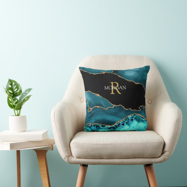 Teal Black Gold Agate, White Name Gold Monogram Cushion (Chair)