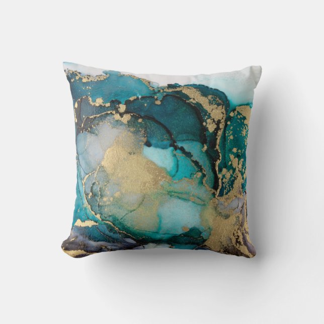 Teal Black Gold Alcohol Ink Fluid Artabstract,art, Cushion (Front)