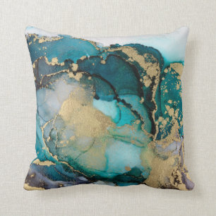 Teal Black Gold Alcohol Ink Fluid Artabstract,art, Cushion
