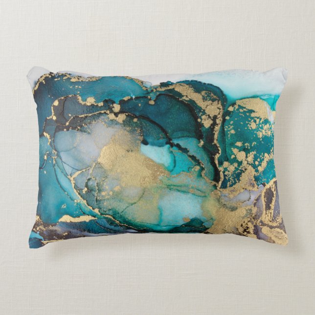 Teal Black Gold Alcohol Ink Fluid Artabstract,art, Decorative Cushion (Front)