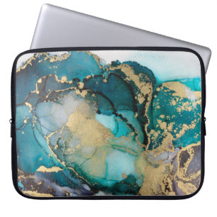 Teal Black Gold Alcohol Ink Fluid Artabstract,art, Laptop Sleeve