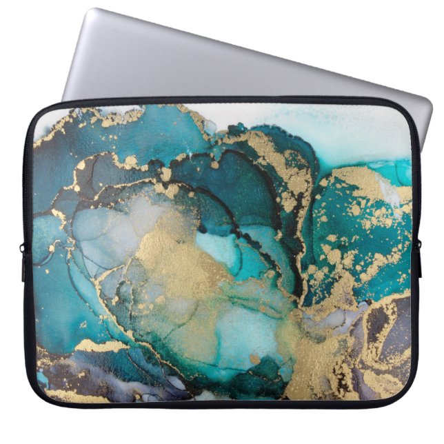 Teal Black Gold Alcohol Ink Fluid Artabstract,art, Laptop Sleeve (Front)