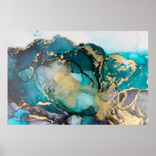 Teal Black Gold Alcohol Ink Fluid Artabstract,art, Poster