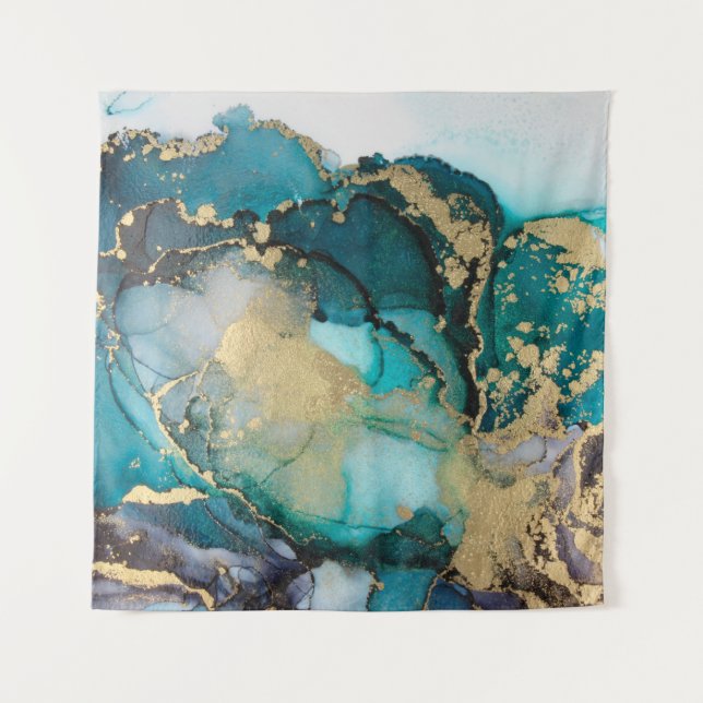 Teal Black Gold Alcohol Ink Fluid Artabstract,art, Tapestry (Front)