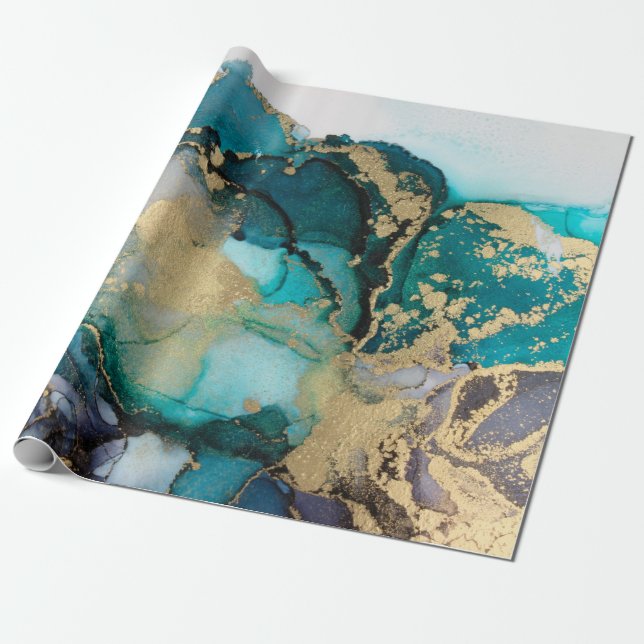 Teal Black Gold Alcohol Ink Fluid Artabstract,art, Wrapping Paper (Unrolled)