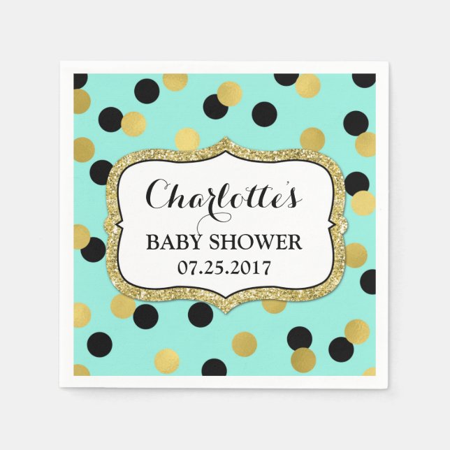 Teal Black Gold Confetti Baby Shower Napkin (Front)
