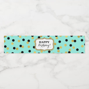 Teal Black Gold Confetti Happy Birthday! Water Bottle Label