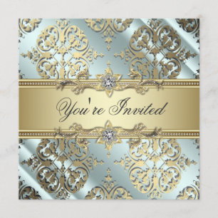 Teal Black Gold Damask Party Invitation