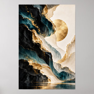 Teal Black Gold Flowing Abstract Sun Wall Art