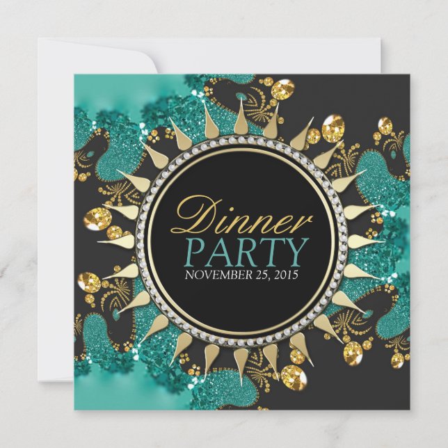 Teal Black Gold Fractal Swirl Dinner Party Invite (Front)