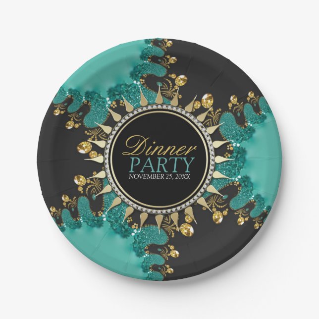 Teal Black Gold Fractal Swirl Dinner Party Invite Paper Plate (Front)