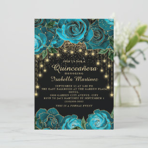 Teal Black Gold String Light Star Quinceañera   Invitation