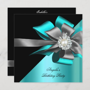 Teal Black Grey Silver Bow Pearl Birthday Party Invitation