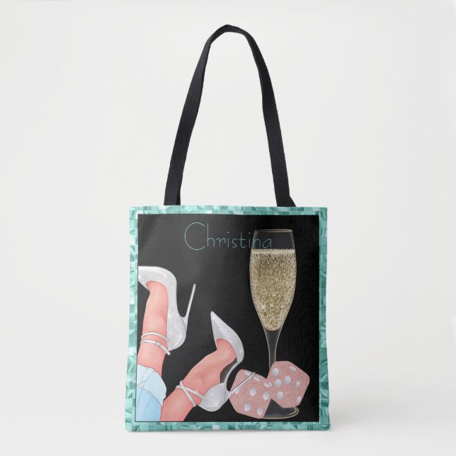 Teal & Black Lady Gambler Pink Glitter Diamonds Tote Bag (Front)
