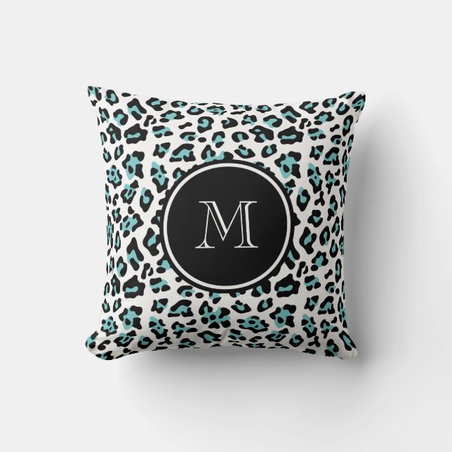 Teal Black Leopard Animal Print with Monogram Cushion (Front)