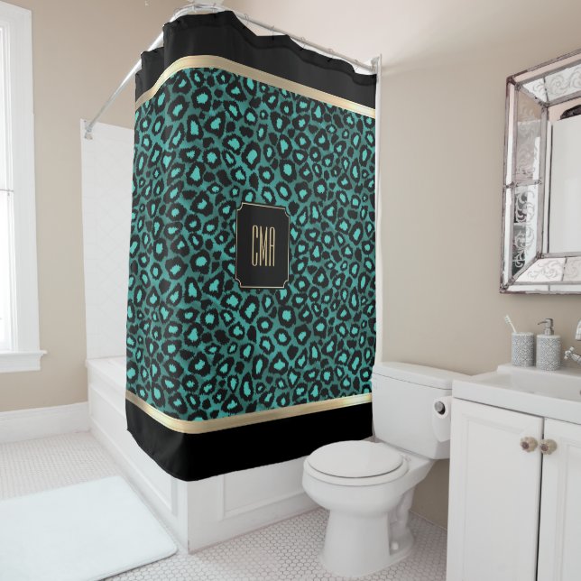 Teal & Black Leopard Pattern - Monogram Shower Curtain (In Situ)