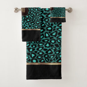 Teal & Black Leopard Pattern with Monogram Bath Towel Set