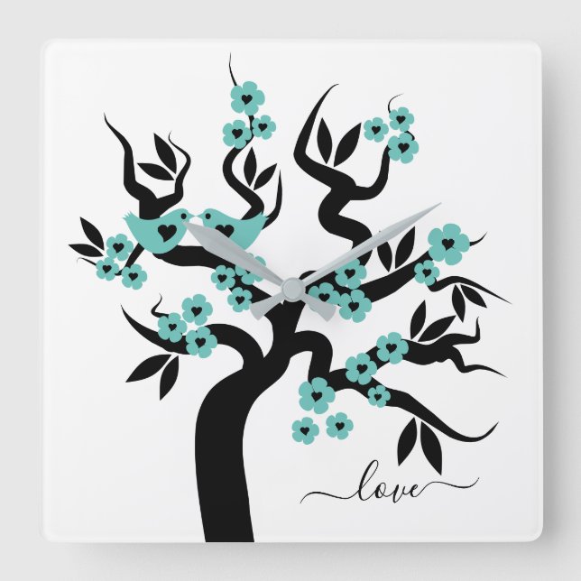 Teal, black Love birds cherry tree & blossoms Square Wall Clock (Front)