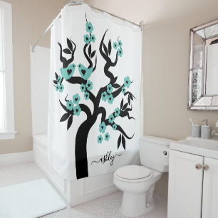 Teal black Love birds sakura cherry tree, blossoms Shower Curtain