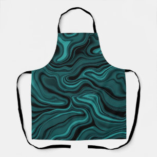 Teal Black Marble Swirl Abstract Liquid Wave Apron