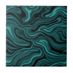 Teal Black Marble Swirl Abstract Liquid Wave Ceramic Tile