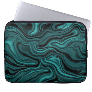 Teal Black Marble Swirl Abstract Liquid Wave Laptop Sleeve