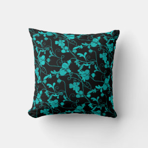 Teal & Black Modern Floral Flourish Pattern Cushion