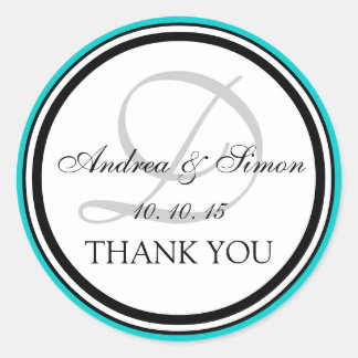 Teal Black Monogram D Wedding Thank You Classic Round Sticker