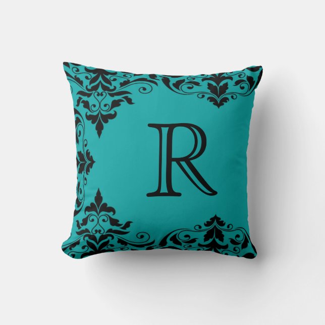 Teal & Black Monogram Damask Pillow (Front)