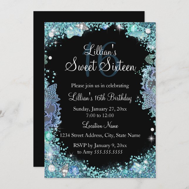 Teal Black Ocean Jewel Sweet 16 Birthday Invite (Front/Back)