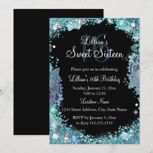 Teal Black Ocean Jewel Sweet 16 Birthday Invite