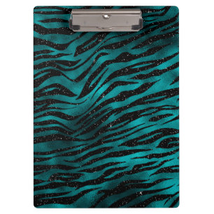 Teal & Black Ombre Glam Glitter Tiger Stripes Clipboard