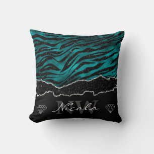 Teal & Black Ombre Glam Glitter Tiger Stripes Cushion