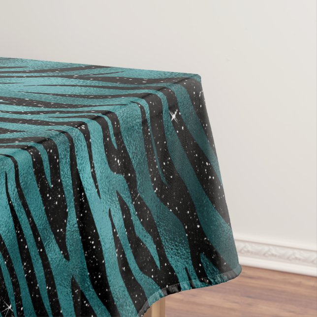 Teal & Black Ombre Glam Glitter Tiger Stripes Tablecloth (In Situ)