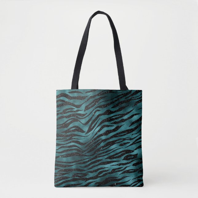 Teal & Black Ombre Glam Glitter Tiger Stripes Tote Bag (Front)