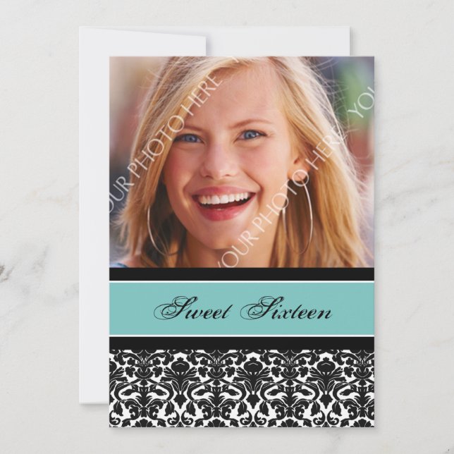 Teal Black Photo 16th Birthday Party Invitations (Front)