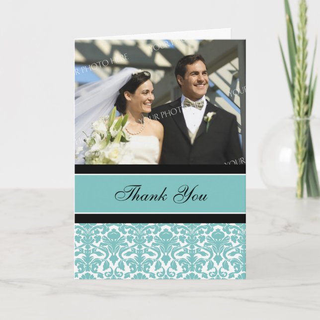Teal Black Photo Wedding Thank You Card (Front)