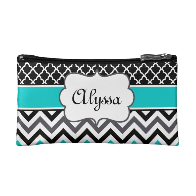Teal Black Quatrefoil and Chevron Personalised Makeup Bag (Front)