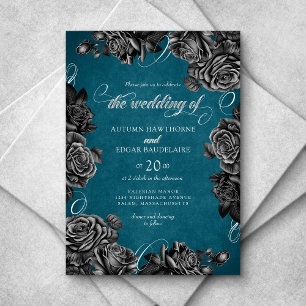 Teal Black Roses Wedding Invitation