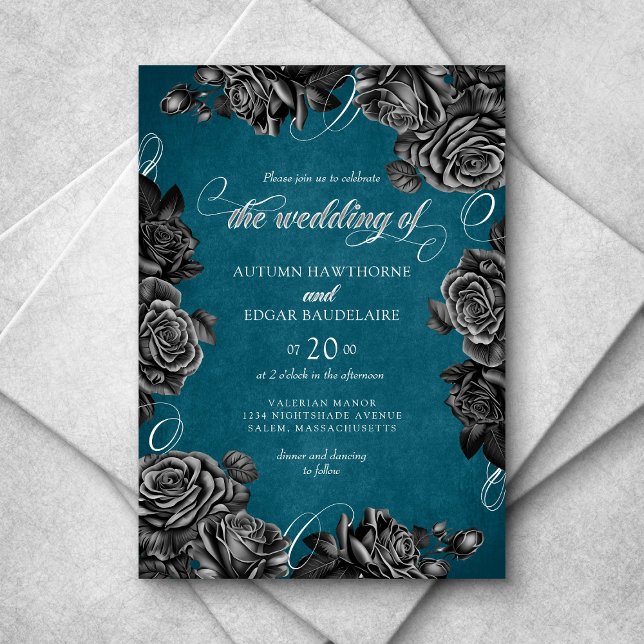 Teal Black Roses Wedding Invitation (Creator Uploaded)