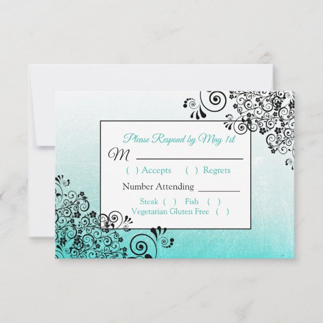 Teal  Black Scratch Texture Wedding RSVP card (Front)