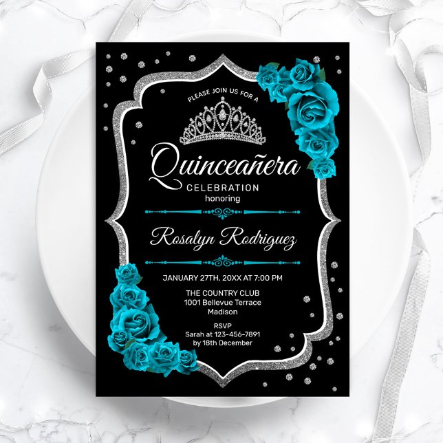 Teal Black Silver Elegant Quinceanera Invitation (Creator Uploaded)