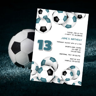 teal black soccer balls kids birthday party invitation