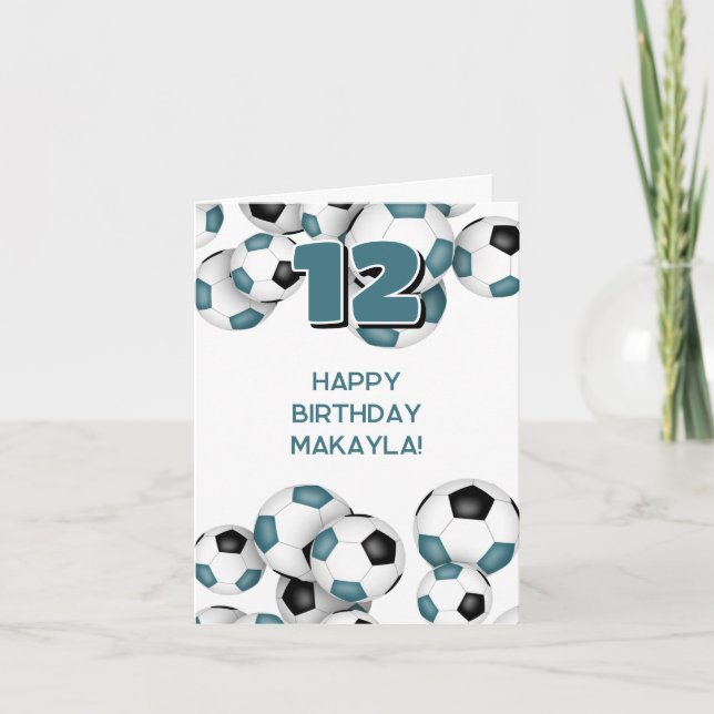 teal black soccer balls kids sports birthday card (Front)