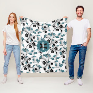 teal black soccer balls pattern monogrammed fleece blanket