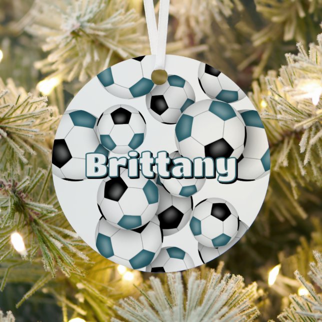 teal black soccer balls sports keepsake metal tree decoration (Insitu)