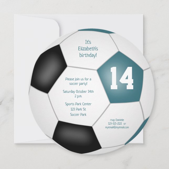 teal black soccer themed birthday party announcement (Front)