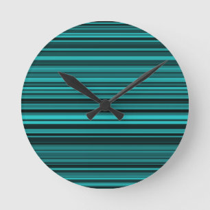 Teal Black Stripes Round Clock