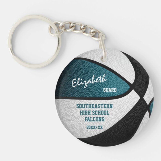 Teal black team colours personalised basketball key ring (Front)